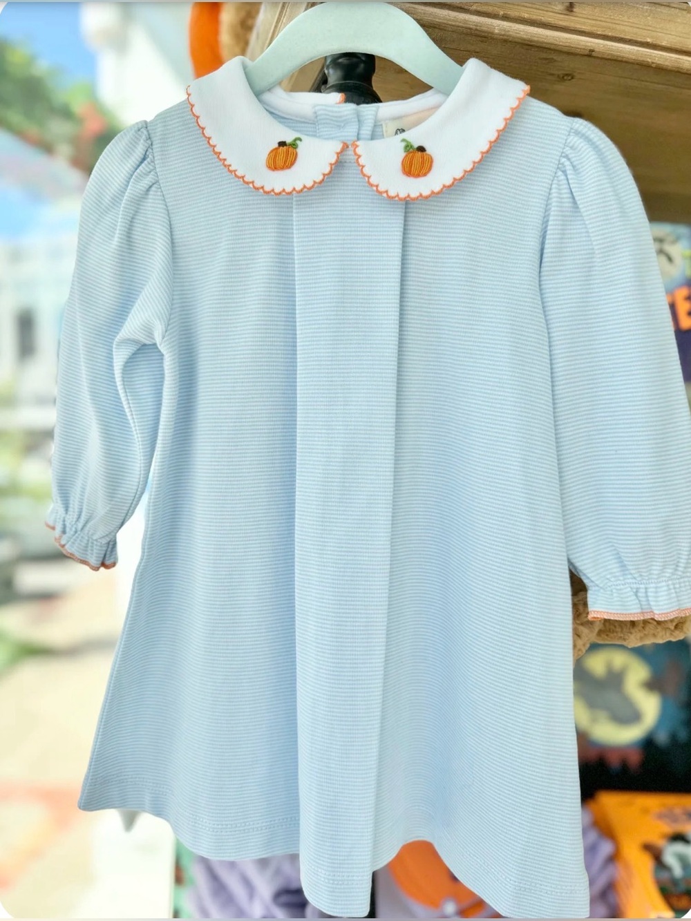 BABY LUIGI Striped Cotton Baby Dress with Pumpkin Embroidered Collar - 9M